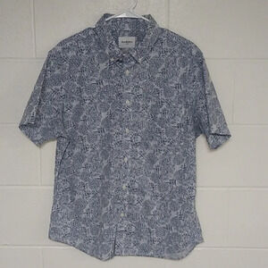 GOODFELLOW TROPICAL PINEAPPLE PRINT,  BUTTON UP, SLIM, LARGE SHIRT IN DENIM BLUE